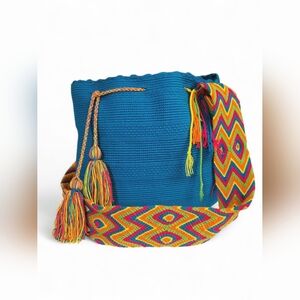 Hand Woven boho festival Crochet Bag Blue Multicolor Wayuu Mochila